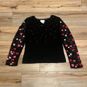 Just B Valentine Heart Sweater SZ XL Crochet Knit Sleeves Black Sequin Beaded